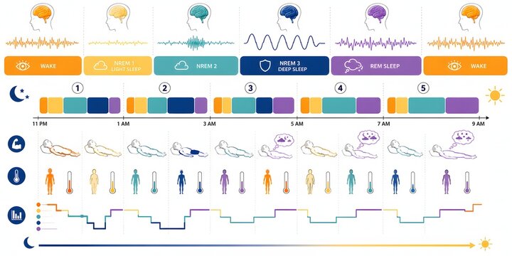 Sleep cycle stages NREM REM brain waves diagram, sleep medicine medical illustration showing NREM 1-3, REM and brain wave patterns across five cycles.