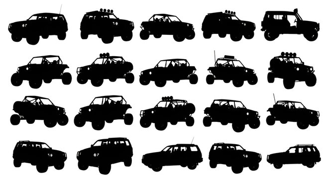 Collection of Off-Road 4x4 Vehicle Silhouettes on White Background