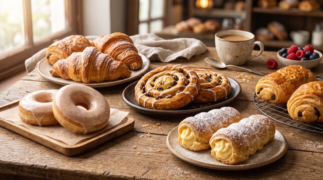 Freshly baked breakfast pastries with golden croissants, sweet donuts, and coffee on a rustic wooden surface
