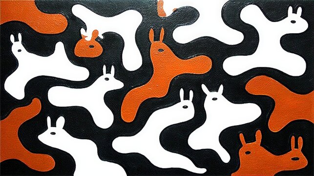 Abstract Pattern of Bunny Shapes in Black White and Orange Colors