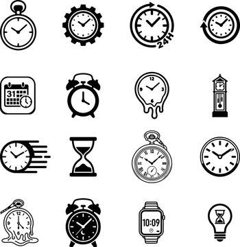 Time and Clock Icons, 16 Vector Set Alarm, Hourglass, Watch, Deadline Symbols