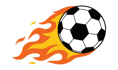 Fototapeta premium Stylized soccer ball flying with a dynamic orange and yellow flame trail on a white background. Sports and competitive energy concept