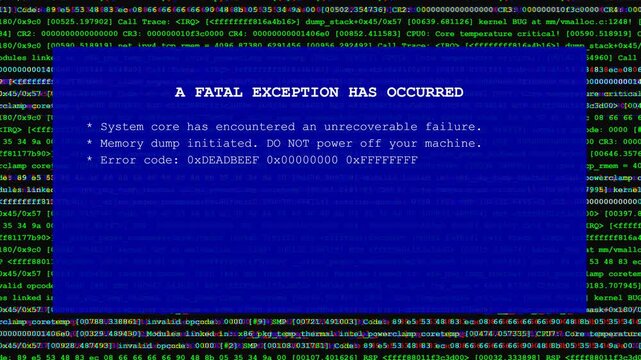 Computer terminal code scrolling with blue screen of death fatal exception alert for cybersecurity and technology failure visualization loop.