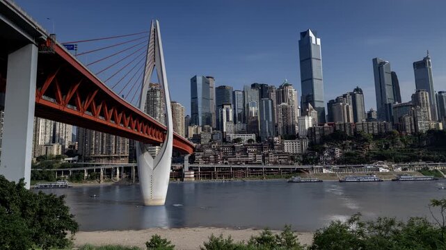 Chongqing cyberpunk city skyline and blue coloured river