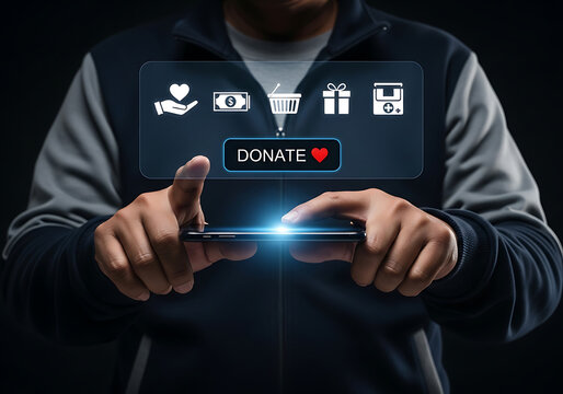 Person using mobile phone with digital donate interface button donation smartphone philanthropy technology community contribution fundraising interface