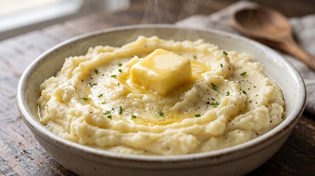 Creamy mashed potatoes in a ceramic bowl with melting golden butter and chives on a rustic wooden table