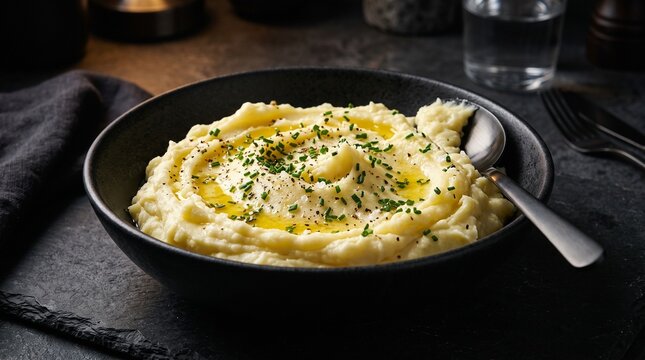 Creamy Mashed Potatoes Topped with Melted Butter and Fresh Chives Served in a Modern Black Bowl on a Dark Rustic Surface