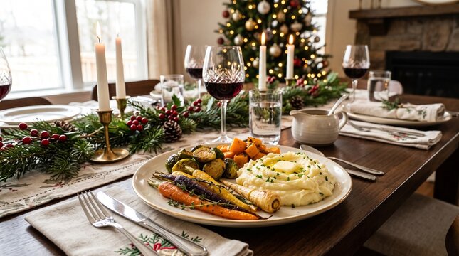 Festive Christmas holiday dinner featuring roasted root vegetables and mashed potatoes on a decorated table with tree