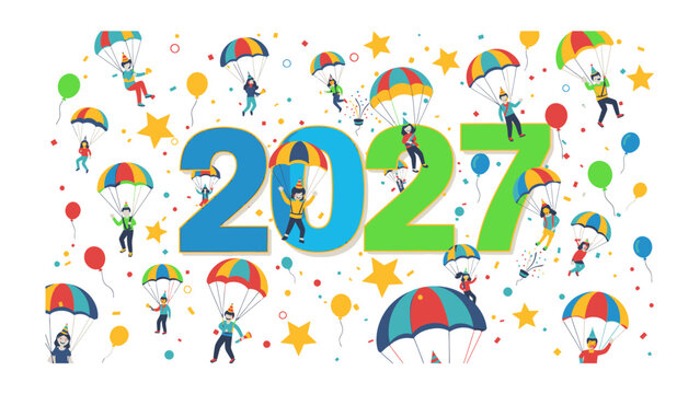 New Year's Leap: People with parachutes and balloons around the year 2027, symbolizing new beginnings and exciting adventures ahead.