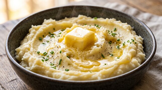 Creamy mashed potatoes topped with melting butter and fresh chives in a dark bowl on a wooden table