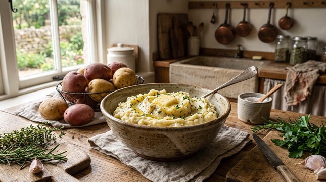 Bowl of creamy mashed potatoes with melting butter in a rustic kitchen setting