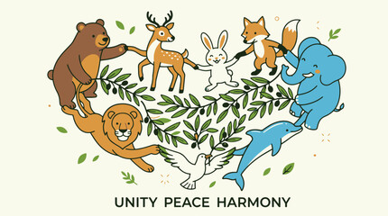 Fototapeta premium Cartoon animal heart shape with leaves for unity peace harmony banner concept.