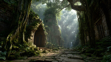 Obraz premium Ancient stone ruins in a lush jungle. Overgrown temple path with sunlight and trees.