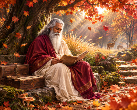 Wise guru purnima teacher reading ancient scripture beneath autumn tree celebrating knowledge devotion spirituality and hindu religious festival traditions in warm golden forest