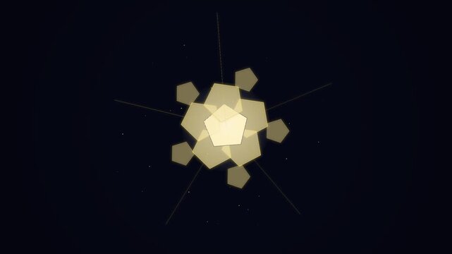 Abstract golden pentagon shapes expanding in a dark space background