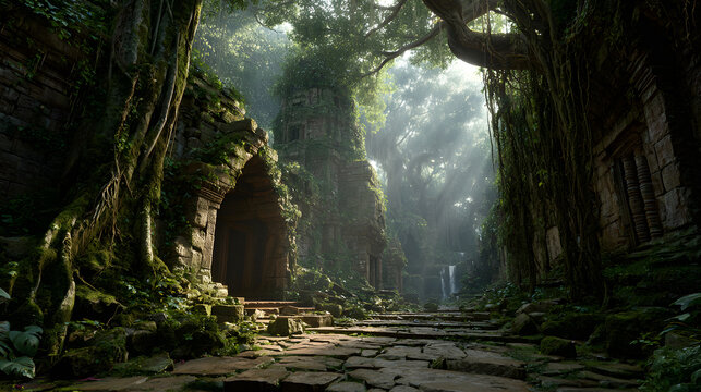 Ancient stone ruins in a lush jungle. Overgrown temple path with sunlight and trees.