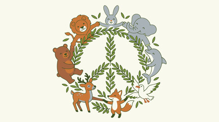 Fototapeta premium Peace sign made of olive branches with various happy cartoon animals around it.