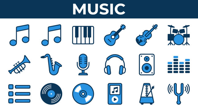 Collection of modern music icons and symbols for design and editorial use in various formats