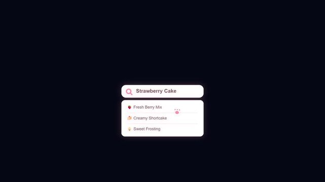 Animated search bar typing strawberry cake text on a dark background