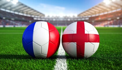 Fototapeta premium England and France flag soccer balls on stadium field, symbolizing rivalry, competition, and national pride in sports visualization.