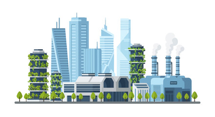 Obraz premium Sustainable Green City Skyline with Eco-Friendly Skyscrapers and Industrial Factory Flat Vector Illustration
