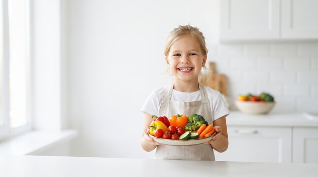 Child holding a variety of colorful vegetables in a playful manner