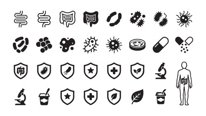 Fototapeta premium Human Digestive System, Gut Microbiome, and Immune Protection Icons Set