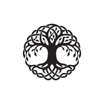 Celtic tree of life vector icon with intricate knotwork pattern for spiritual and cultural art