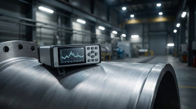 Ultrasonic testing device on large metal pipe in industrial factory, quality control and inspection process