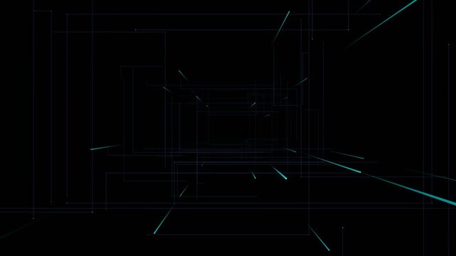 Cyan light streaks and blue grid lines moving through 3D wireframe space for futuristic sci-fi motion background