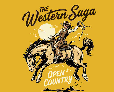 Vintage western saga illustration. Cowgirl riding bucking horse with lasso. Wild west rodeo poster design. Open country ranch adventure concept.