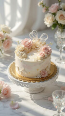 Naklejka premium Close up of a highly decorative and appetizing cake on a stand for a happy birthday party