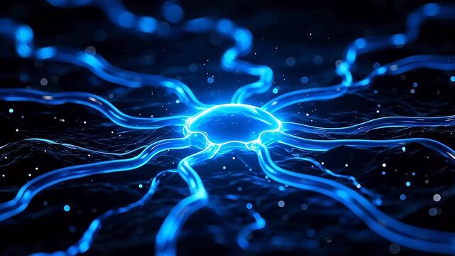 Glowing blue neuron network in dark void