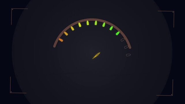 Animated digital speedometer gauge with needle moving to high speed
