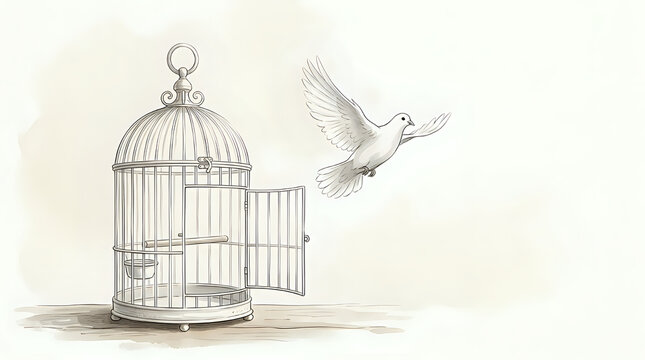 Symbolic illustration of a white dove flying out of an open ornate vintage birdcage concept of freedom