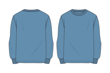 Blank blue crewneck sweatshirt vector mockup back and front view Blue sweatshirt flat sketch technical drawing template with fabric folds Men's blue long sleeve sweater blank CAD template © Abdullah