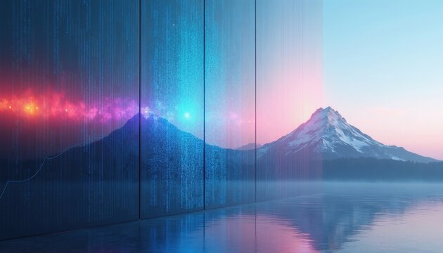 Digital art layers abstract mountain landscape with code data streams. Semitransparent blue sky and pink sunset over water. Futuristic AI tech.
