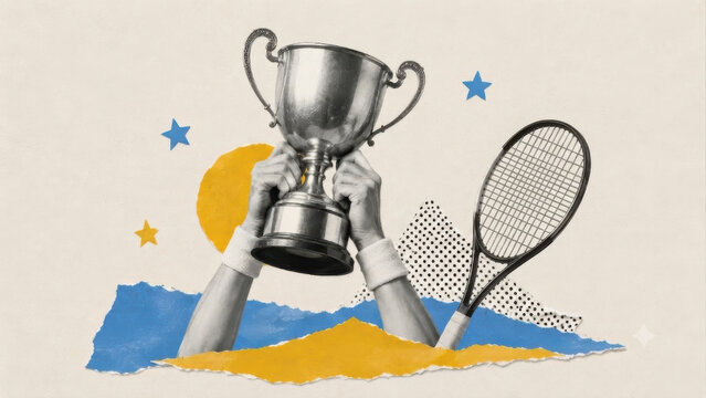 Tennis champion raising trophy in paper collage art style representing tournament victory success and sports achievement