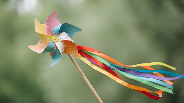 colorful pinwheel with rainbow ribbons spinning outdoors in summer breeze