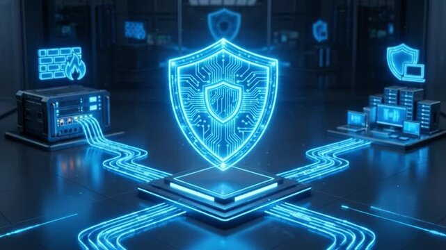 Cybersecurity shield glowing with digital circuit pattern protecting data flow between servers and devices futuristic network environment with firewall technology and data protection security system