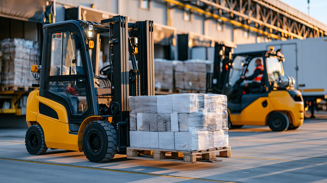 Distribution center loading dock with forklifts transferring palletized cargo into waiting trailers, ultra photorealism, cinematic color correction, natural uneven lighting yet gentle backlight, sof