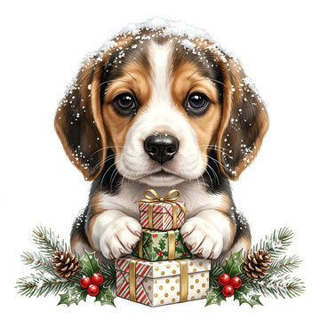A close-up view of a teacup Beagle puppy, holding a mini stack of presents, with a light dust of snow on its head, replicating the snow effect of il_1588xN.6512973875_ruy0.webp, on white.