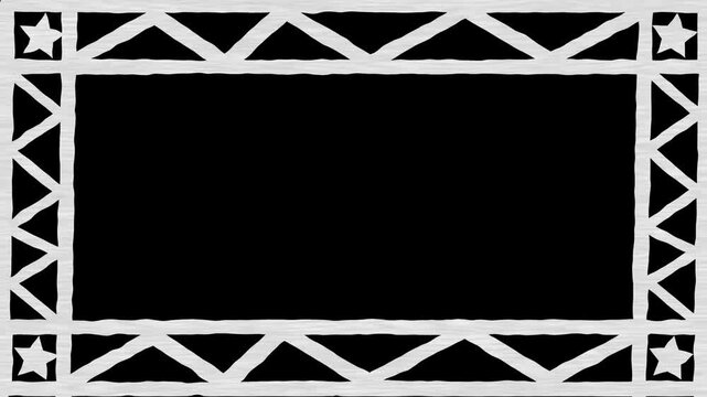 Hand drawn white sketchy border creative with stars,  rectangle, frame, animation, on black background. 4K Video