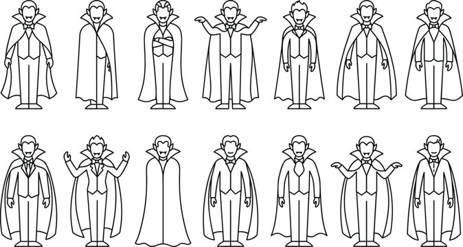 Set of vampire characters in different poses, dracula icons, halloween vector illustration