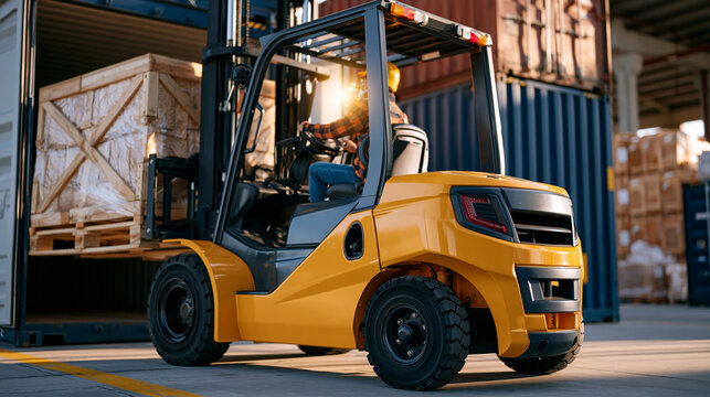 Forklift unloading cargo from a shipping container inside a logistics warehouse, realistic freight handling workflow, ultra photorealism, cinematic color correction, natural uneven lighting yet gent