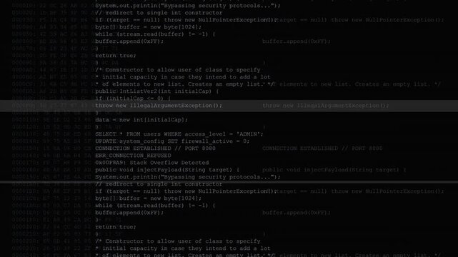 Terminal code scripts scrolling with digital diagnostic logs and RGB glitch displacement for cybersecurity background.