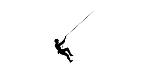 Fototapeta premium Rock Climber Rappelling Black Silhouette Icon Isolated on White Background Vector.