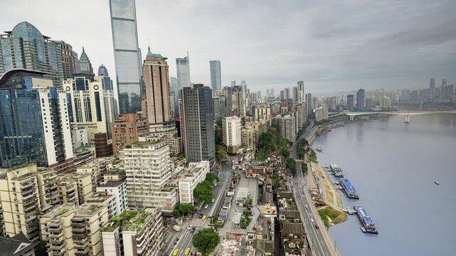 Chongqing cyberpunk city skyline and blue coloured river