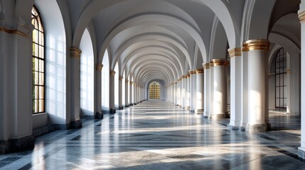 Obraz premium Long elegant hallway with white columns and arched windows in a classic building