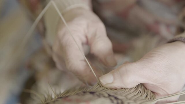 Hands Weaving Traditional Bon Odori Hat in Ugo Town Akita Prefecture J